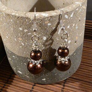 Handcrafted Bronzed Dark Brown Antiqued Silver Glass Pearl Drop Earrings